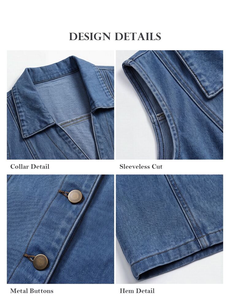 ELLERISSA Gaun Midi Denim Biru Tanpa Lengan dengan Kerah Leher V dan Kancing Depan - Biru - View 6