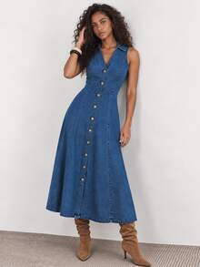 ELLERISSA Blue Sleeveless Collared V Neck Button Front Denim Midi Dress - Blue - View 4