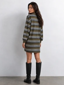 ELLERISSA Multicolor Striped Collared Long Sleeve Button Placket Mini Polo Dress - Multicolor - View 2