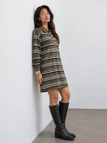 ELLERISSA Multicolor Striped Collared Long Sleeve Button Placket Mini Polo Dress - Multicolor - View 4