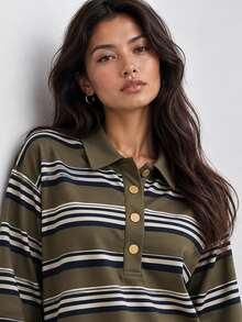 ELLERISSA Multicolor Striped Collared Long Sleeve Button Placket Mini Polo Dress - Multicolor - View 5