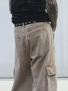 Manfinity EMRG Men's Casual Washed Denim Cargo Pants - Khaki - View 8