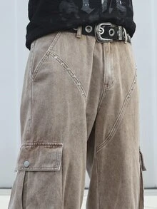 Manfinity EMRG Men's Casual Washed Denim Cargo Pants - Khaki - View 9