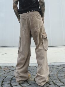 Manfinity EMRG Men's Casual Washed Denim Cargo Pants - Khaki - View 2