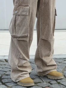 Manfinity EMRG Men's Casual Washed Denim Cargo Pants - Khaki - View 7