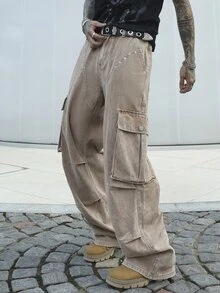 Manfinity EMRG Men's Casual Washed Denim Cargo Pants - Khaki - View 6