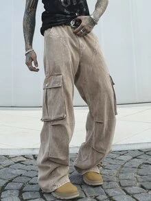 Manfinity EMRG Men's Casual Washed Denim Cargo Pants - Khaki - View 4