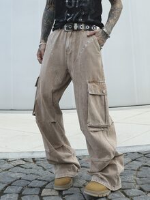 Manfinity EMRG Men's Casual Washed Denim Cargo Pants - Khaki - View 3