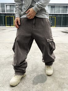 Manfinity EMRG Men's Light Grey Denim Wide Leg Jeans With Zipper Detail Long Avant-Garde Street Casual Style Baggy Cargo Jeans Men - Light Grey - View 7