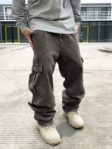 Manfinity EMRG Men's Light Grey Denim Wide Leg Jeans With Zipper Detail Long Avant-Garde Street Casual Style Baggy Cargo Jeans Men - Light Grey - View 5