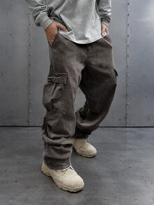 Manfinity EMRG Men's Light Grey Denim Wide Leg Jeans With Zipper Detail Long Avant-Garde Street Casual Style Baggy Cargo Jeans Men - Light Grey - View 1