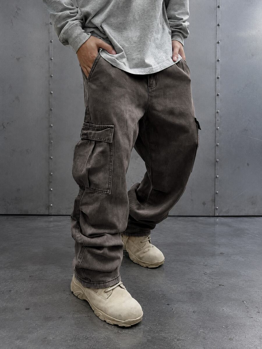 Manfinity EMRG Men's Light Grey Denim Wide Leg Jeans With Zipper Detail Long Avant-Garde Street Casual Style Baggy Cargo Jeans Men - Light Grey - View 1