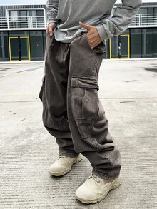 Manfinity EMRG Men's Light Grey Denim Wide Leg Jeans With Zipper Detail Long Avant-Garde Street Casual Style Baggy Cargo Jeans Men - Light Grey - View 9