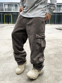Manfinity EMRG Men's Light Grey Denim Wide Leg Jeans With Zipper Detail Long Avant-Garde Street Casual Style Baggy Cargo Jeans Men - Light Grey - View 6