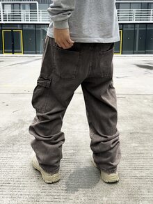 Manfinity EMRG Men's Light Grey Denim Wide Leg Jeans With Zipper Detail Long Avant-Garde Street Casual Style Baggy Cargo Jeans Men - Light Grey - View 2