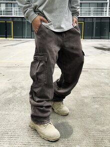 Manfinity EMRG Men's Light Grey Denim Wide Leg Jeans With Zipper Detail Long Avant-Garde Street Casual Style Baggy Cargo Jeans Men - Light Grey - View 3