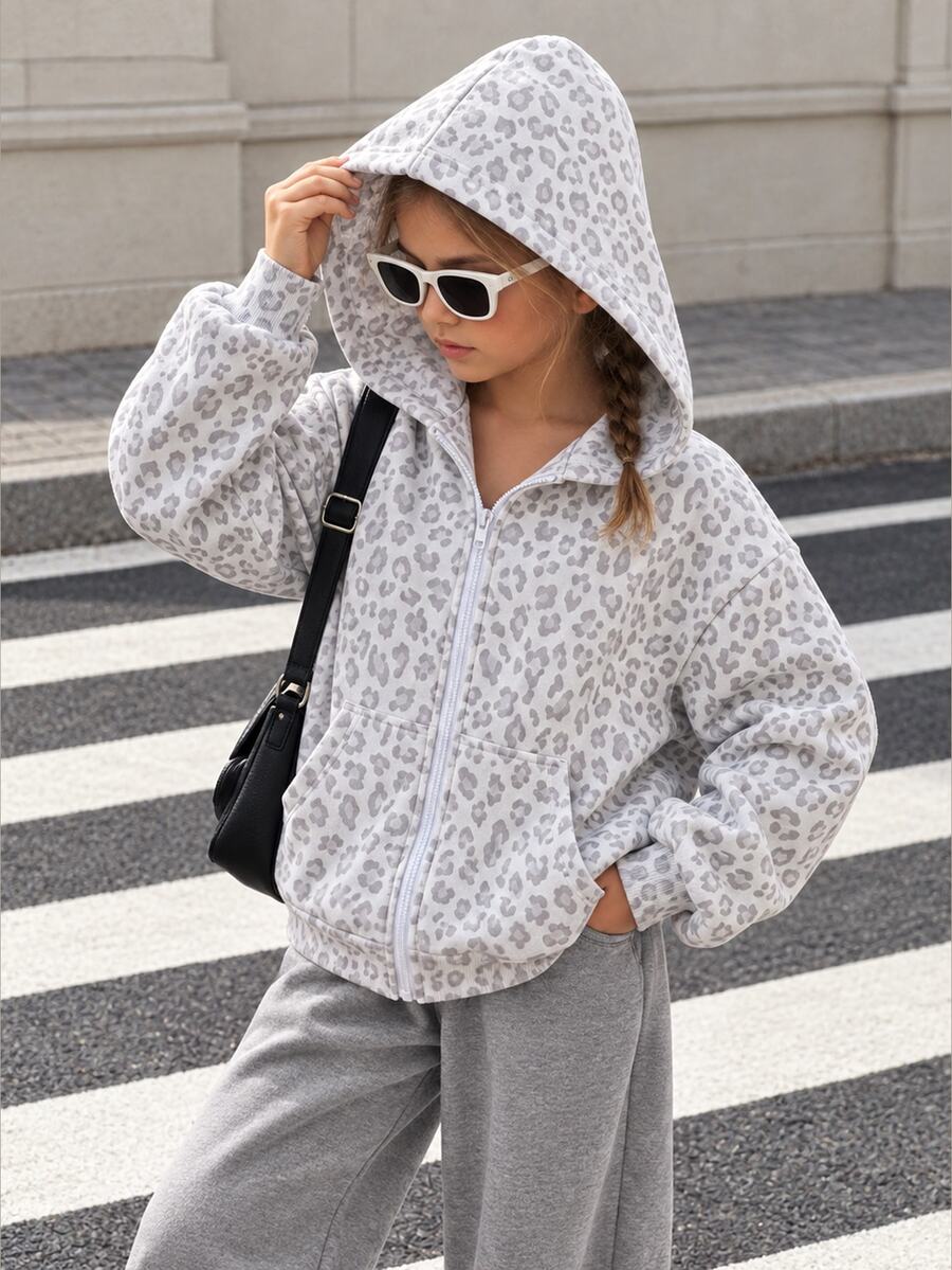 SHEIN 少女休閒豹紋連帽拉鍊外套,長袖寬鬆復古夾克,日常百搭秋季服飾,萬聖節穿搭 - 灰色 - 查看 1