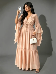 Viva Relle Plus Size Solid Color Chiffon Deep V-Neck Asymmetrical Sleeve Pleated Tie-Waist Elegant Lady Style Full Skirt Ruffle Hem Long Dress Fall - Khaki - View 3