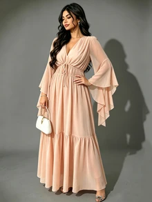 Viva Relle Plus Size Solid Color Chiffon Deep V-Neck Asymmetrical Sleeve Pleated Tie-Waist Elegant Lady Style Full Skirt Ruffle Hem Long Dress Fall - Khaki - View 5