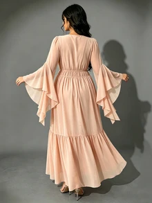 Viva Relle Plus Size Solid Color Chiffon Deep V-Neck Asymmetrical Sleeve Pleated Tie-Waist Elegant Lady Style Full Skirt Ruffle Hem Long Dress Fall - Khaki - View 2