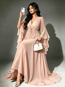 Viva Relle Plus Size Solid Color Chiffon Deep V-Neck Asymmetrical Sleeve Pleated Tie-Waist Elegant Lady Style Full Skirt Ruffle Hem Long Dress Fall - Khaki - View 1