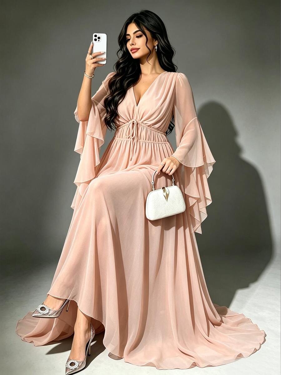 Viva Relle Plus Size Solid Color Chiffon Deep V-Neck Asymmetrical Sleeve Pleated Tie-Waist Elegant Lady Style Full Skirt Ruffle Hem Long Dress Fall - Khaki - View 1