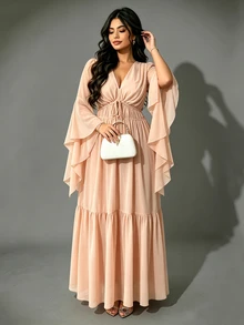 Viva Relle Plus Size Solid Color Chiffon Deep V-Neck Asymmetrical Sleeve Pleated Tie-Waist Elegant Lady Style Full Skirt Ruffle Hem Long Dress Fall - Khaki - View 4