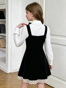 SHEIN Elladie kids Tween Girl Preppy Chic Black Polka Dot White Contrast Fitted Dress, White Shirt Collar With Bow, Lace Trim, Elegant, Party, School, Halloween Fall - Black - View 5