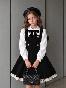 SHEIN Elladie kids Tween Girl Preppy Chic Black Polka Dot White Contrast Fitted Dress, White Shirt Collar With Bow, Lace Trim, Elegant, Party, School, Halloween Fall - Black - View 2