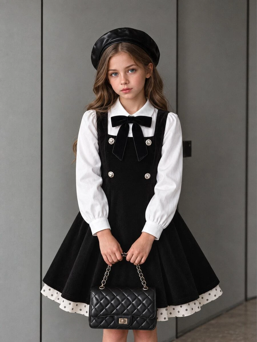 SHEIN Elladie kids Tween Girl Preppy Chic Black Polka Dot White Contrast Fitted Dress, White Shirt Collar With Bow, Lace Trim, Elegant, Party, School, Halloween Fall