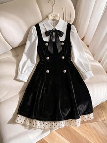 SHEIN Elladie kids Tween Girl Preppy Chic Black Polka Dot White Contrast Fitted Dress, White Shirt Collar With Bow, Lace Trim, Elegant, Party, School, Halloween Fall - Black - View 3