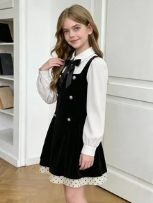 SHEIN Elladie kids Tween Girl Preppy Chic Black Polka Dot White Contrast Fitted Dress, White Shirt Collar With Bow, Lace Trim, Elegant, Party, School, Halloween Fall - Black - View 6