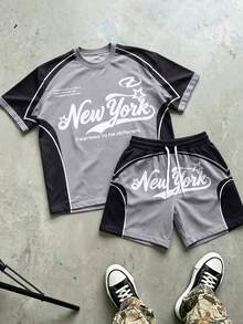 Manfinity EMRG Men's Letter Print Short Sleeve T-Shirt And Drawstring Waist Shorts Casual Set, Holiday - Multicolor - View 3