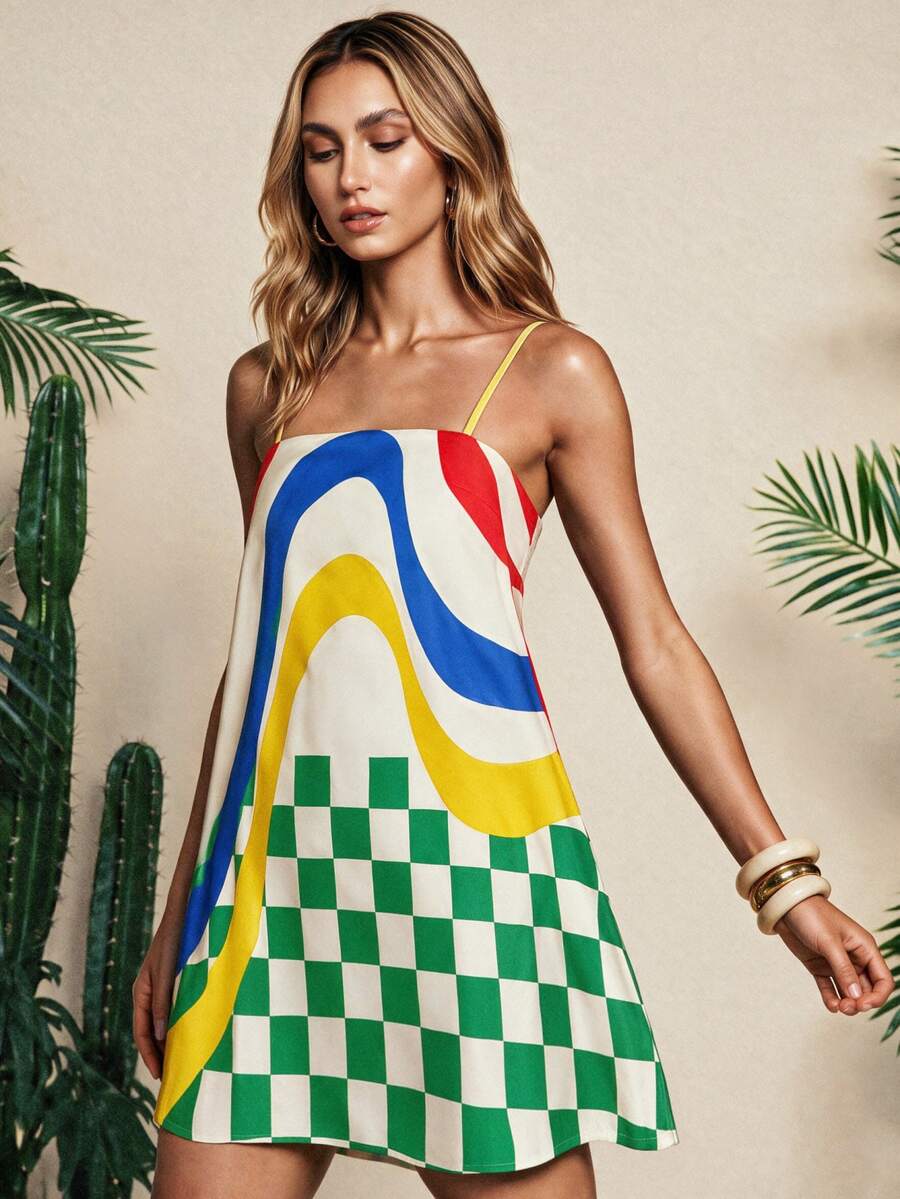 RIVANDRE Women's Summer Vacation Casual Printed Short Cami Dress - Multicolor - View 1