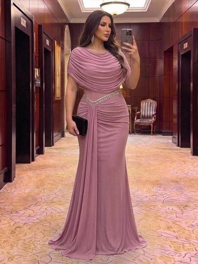Aureia Plus Size Elegant Luxurious Beaded Sequin Lace Applique Elastic Knit Ruched Patchwork Chiffon Flared Sleeve Mermaid Skirt Suitable For Wedding Events, Bachelorette Party, Ball, Evening Gala Dress (Heavy Workmanship) Mother Dress
