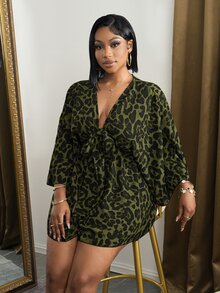 Veslaya Plus Size Women Elegant Leopard Print Jumpsuit, Suitable For Commuting Fall - Army Green - View 5