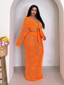 Slaydiva Plus Size Women Holiday Beach Solid Color Hollow Out Knit Top And Skirt Set Winter Fall Autumn - Orange - View 5