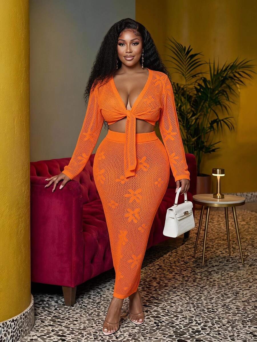 Slaydiva Plus Size Women Holiday Beach Solid Color Hollow Out Knit Top And Skirt Set Winter Fall Autumn
