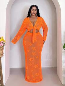 Slaydiva Plus Size Women Holiday Beach Solid Color Hollow Out Knit Top And Skirt Set Winter Fall Autumn - Orange - View 4