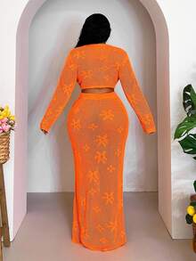 Slaydiva Plus Size Women Holiday Beach Solid Color Hollow Out Knit Top And Skirt Set Winter Fall Autumn - Orange - View 3