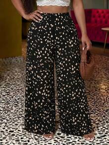 Veslaya Plus-Size Women's Abstract Print Loose Wide Leg Pants, Elegant Traditional Greek Goddess Boho Autumn Holiday Beach Formal Vacation, Casual Daily Black - Multicolor - View 1