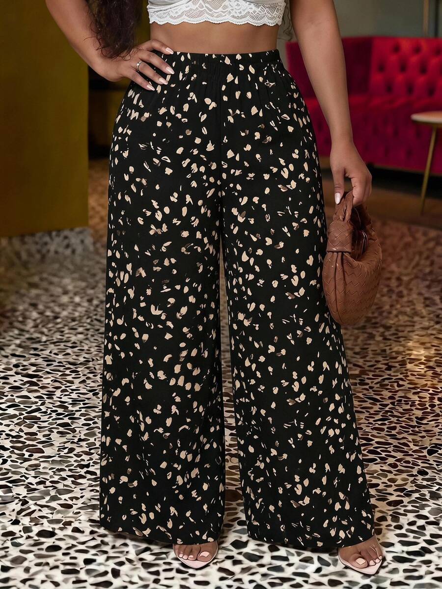 Veslaya Plus-Size Women's Abstract Print Loose Wide Leg Pants, Elegant Traditional Greek Goddess Boho Autumn Holiday Beach Formal Vacation, Casual Daily Black - Multicolor - View 1