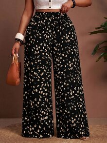Veslaya Plus-Size Women's Abstract Print Loose Wide Leg Pants, Elegant Traditional Greek Goddess Boho Autumn Holiday Beach Formal Vacation, Casual Daily Black - Multicolor - View 4