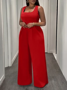 Veslaya 优雅休闲通勤大码女式黑色无袖阔腿连体裤 - 紅色 - 查看 5