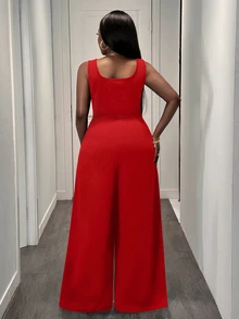 Veslaya 优雅休闲通勤大码女式黑色无袖阔腿连体裤 - 紅色 - 查看 2