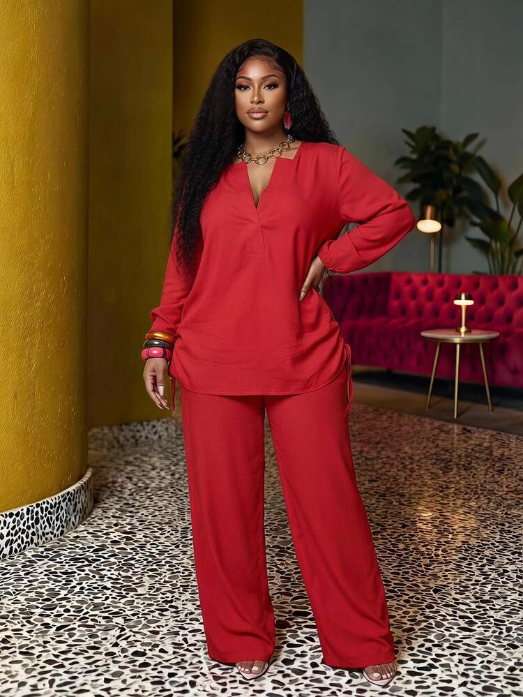 Veslaya Plus Size Women Casual Solid Notch Neck Long Sleeve Top And Pants 2 Pieces Set Fall - Red - View 1