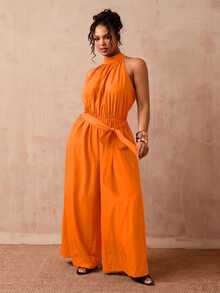 Slaydiva Plus Size Women Solid Color Halter Neck Casual Sexy Elegant Daily Wear Romper Vacation Formal Burnt Orange Summer Brunch Party - Orange - View 12