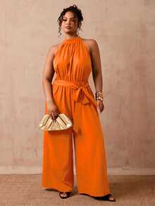 Slaydiva Plus Size Women Solid Color Halter Neck Casual Sexy Elegant Daily Wear Romper Vacation Formal Burnt Orange Summer Brunch Party - Orange - View 7