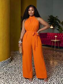 Slaydiva Plus Size Women Solid Color Halter Neck Casual Sexy Elegant Daily Wear Romper Vacation Formal Burnt Orange Summer Brunch Party - Orange - View 1