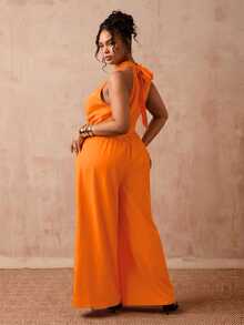Slaydiva Plus Size Women Solid Color Halter Neck Casual Sexy Elegant Daily Wear Romper Vacation Formal Burnt Orange Summer Brunch Party - Orange - View 8